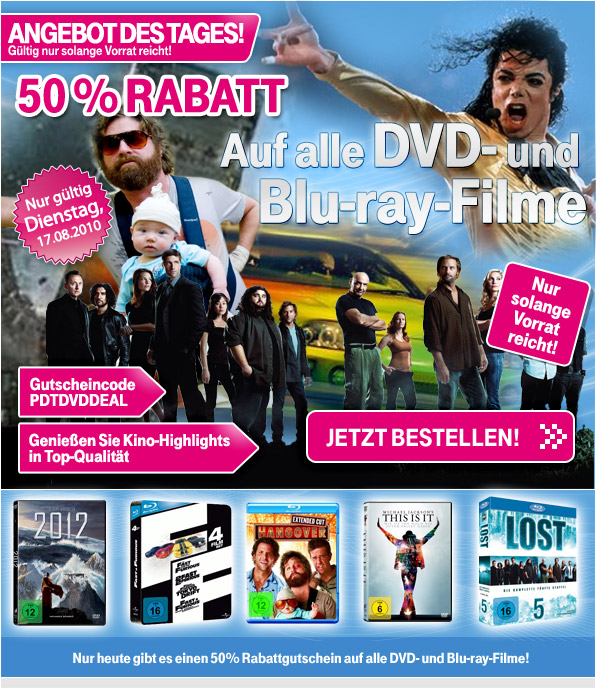 50% Rabatt auf alle DVD- und Blu-Ray-Filme bei T-Online